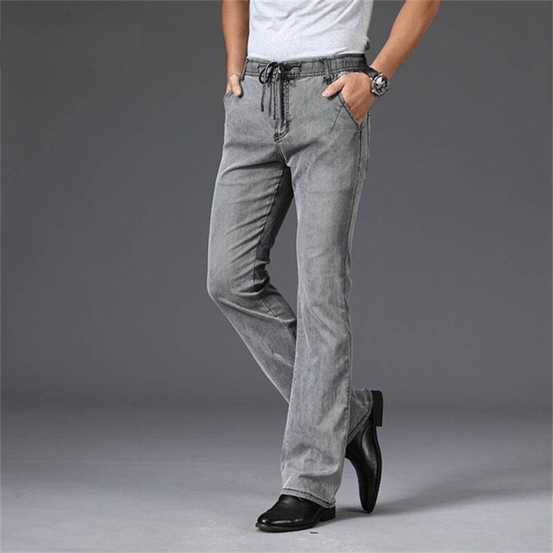 Mens Summer Style Micro-Flare Jeans Thin Elastic Waist Casual Pants