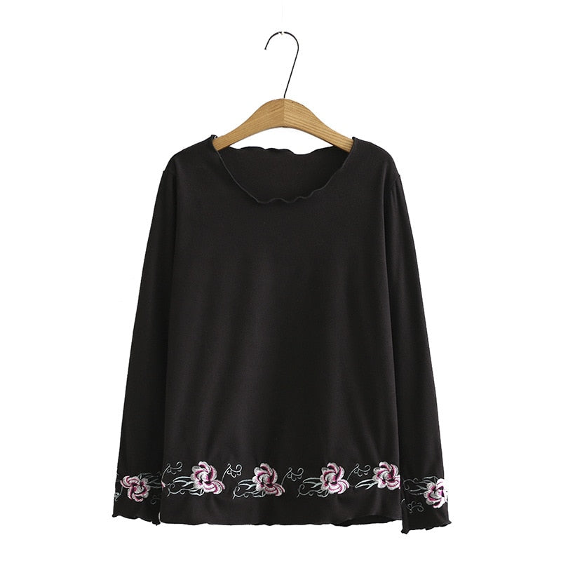 Woman Autumn T-shirt Ladies Solid Tops Female Long Sleeve Tshirt Loose Embroidered Clothing