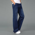 Men Summer Thin Light Weight Wide-Leg Straight Jeans Business Casual Flare Pants Black Blue