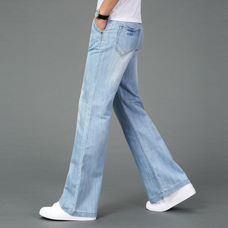 Men Summer Thin Wide Leg Jeans Light Blue Big Straight Long Pants Boot-Cut Casual Business Trousers