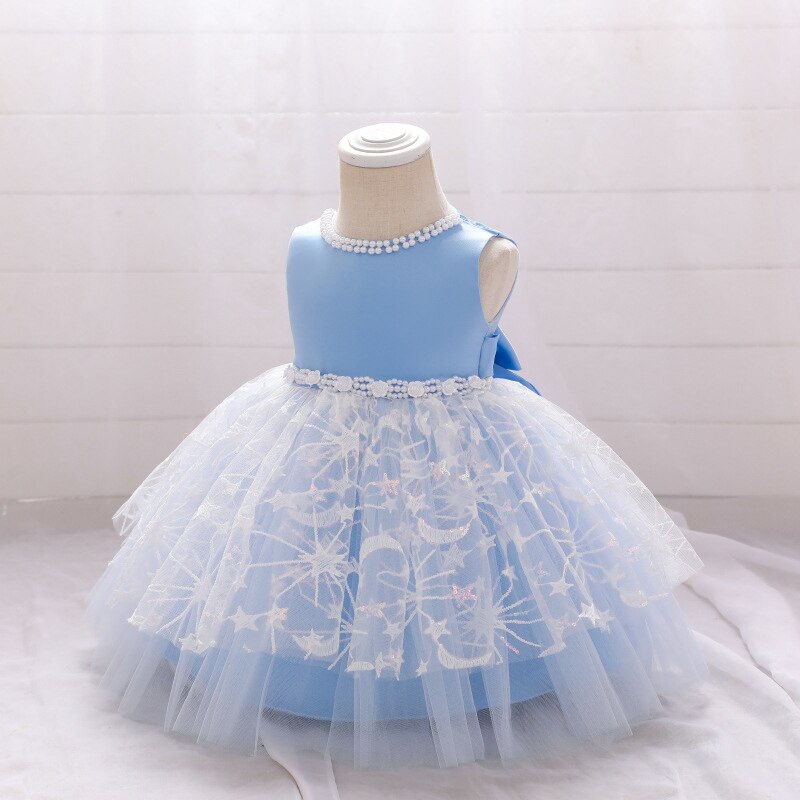 Beaded Lace Hollow Flowers First Birthday Dress For Baby Girl Kids Clothes Lace Baptism Tutu Bow Princess Baby Dresses Vestido