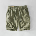 Spring Summer Men Cargo Shorts Casual Minimalist Style Sport Multi-Pocket Drawstring Elastic Waist Cotton Linen Zipper