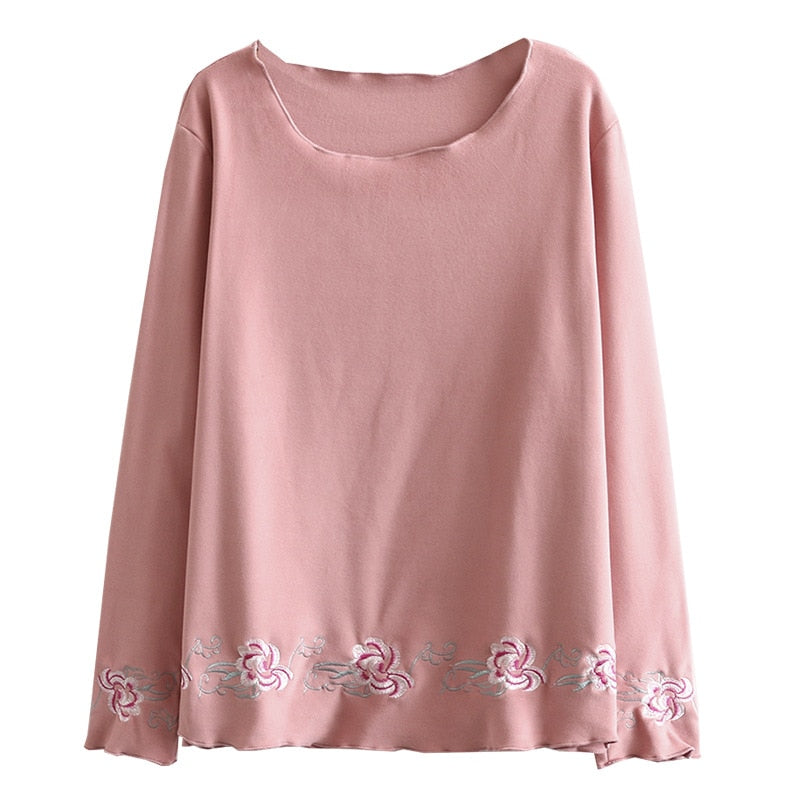 Woman Autumn T-shirt Ladies Solid Tops Female Long Sleeve Tshirt Loose Embroidered Clothing