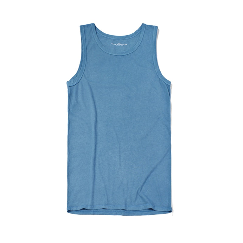 Retro Indigo Vest Men Handmade Plant Blue Dyeing Tank Tops O-Neck Sleeveless Tees Casual Streetwear