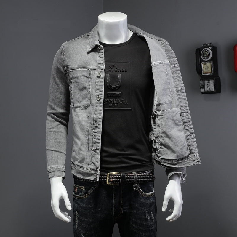 Spring Bomber Light Grey Denim Jacket Men Jean Coats Motorcycle Cotton Turndown Collar Slim Casual Long Sleeve Outwear Clothing