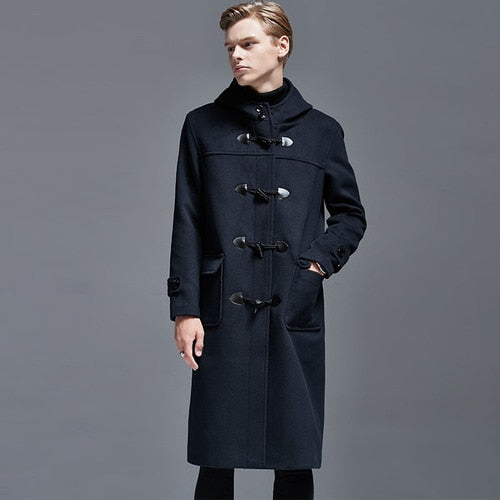 Winter Men Horn Button Woolen Coat Long Over-the-Knee Loose-Woolen Jacket Hooded Trench Thick Mens Coats and Jackets