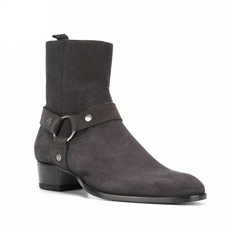 Handmade Dark Gray Suede Leather wedge Harness Boots High Top Pointed Toe Men Chelsea Boots