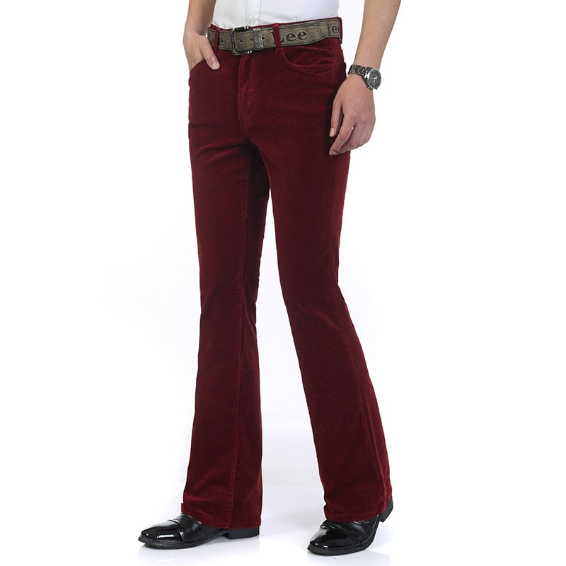 Spring Autumn Mens Smart Casual Corduroy Pants Flares Male Mid Waist Bell-Bottom Trousers