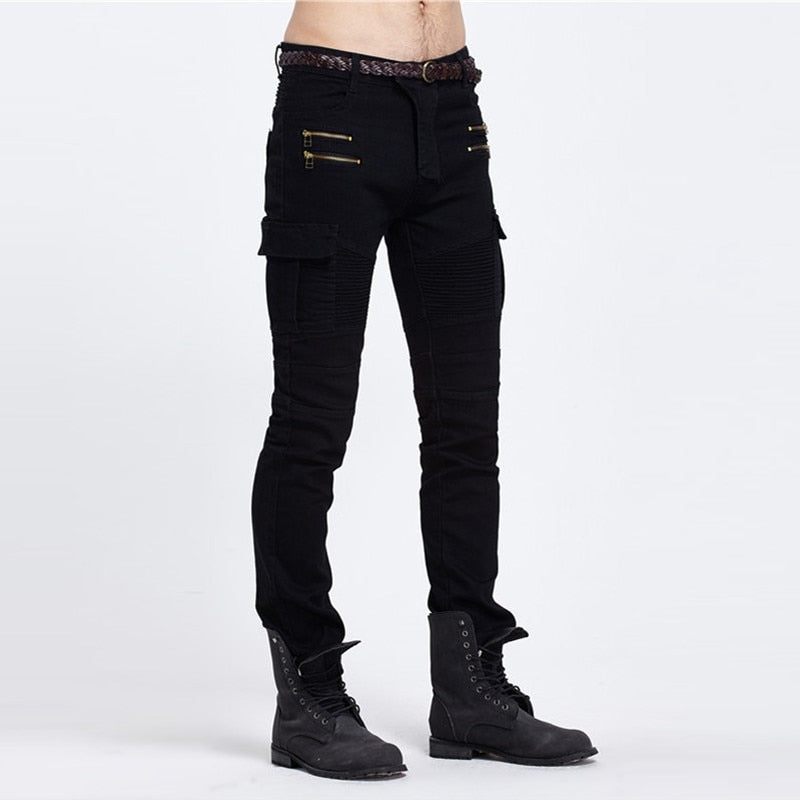 Biker Jeans Punk Style Cargo Pocket Jeans Skinny Men Famous Brand Mens Designer Clothes Zipper Denim Pants Green Black