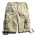 Summer Calf-Length Cargo Mens Cotton Shorts Multi-pocket Solid Male Puls Size Beach Shorts Capris Fat