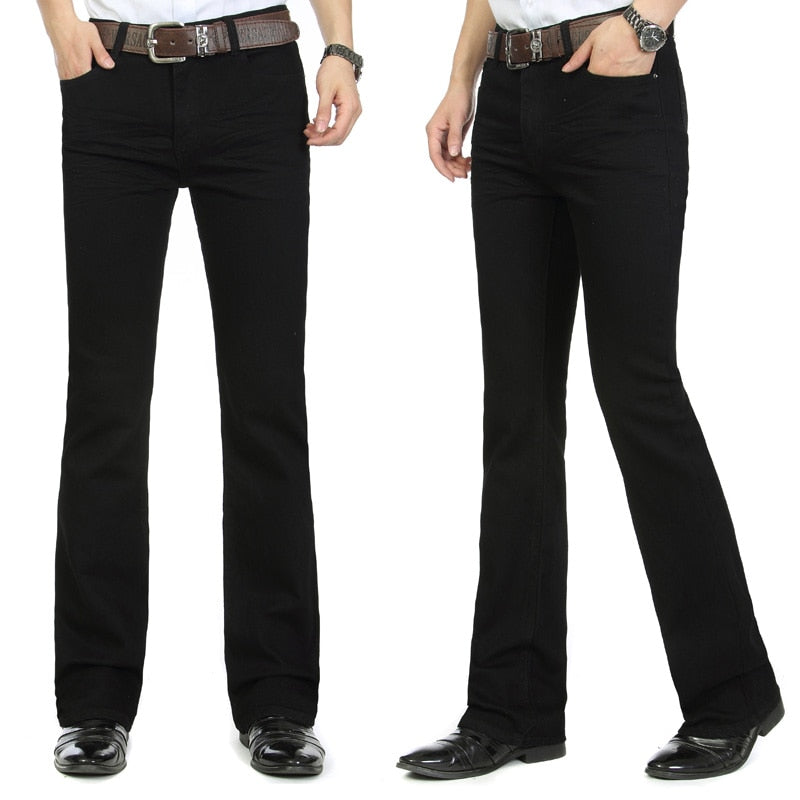 Mens Business Casual Pants Male Mid Waist Elastic Slim Boot Cut Semi-Flared