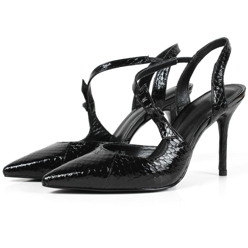 Summer New Women High Heel Sandals Pointed Toe Snakeskin Black Shoes Ladies Wedding Party Handmade