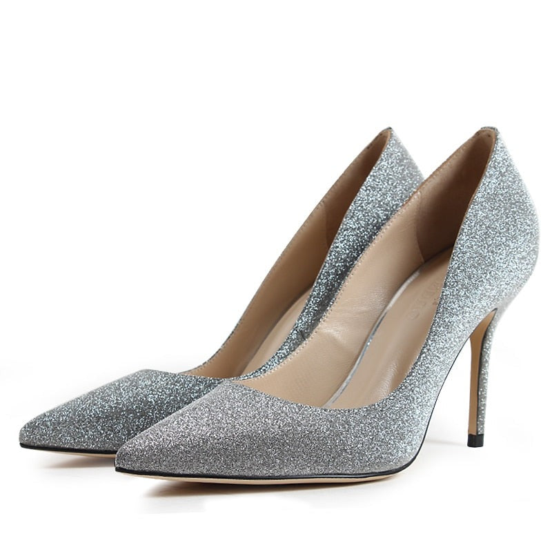 Women Silver Wedding Pumps Solid High Heels Ladies Handmade Shoes Pointed Toe Satin Thin Heel