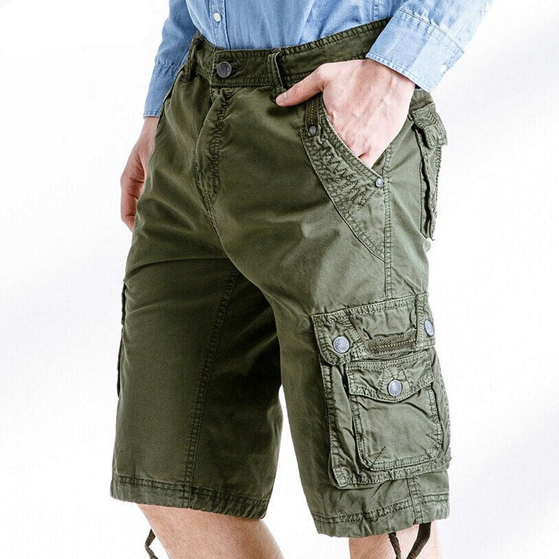 Summer Calf-Length Cargo Mens Cotton Shorts Multi-pocket Solid Male Puls Size Beach Shorts Capris Fat