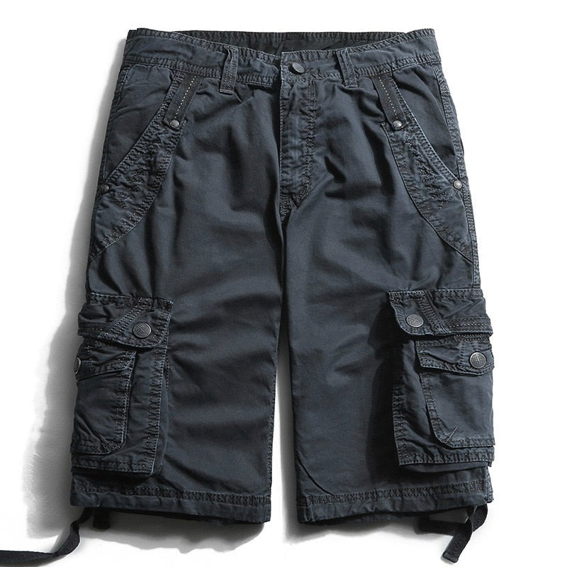 Summer Calf-Length Cargo Mens Cotton Shorts Multi-pocket Solid Male Puls Size Beach Shorts Capris Fat