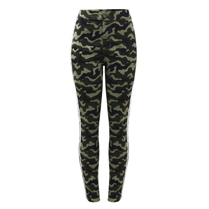 High Waist Army Green Jeans With White Side Stripes Women`s Camouflage Pencil Denim Pants Woman