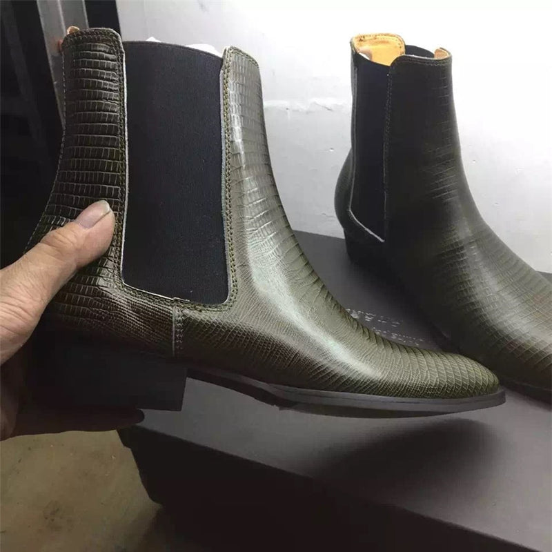 Handmade High Top Lizard Pattern Genuine Leather Personalized Men Boots Wedge Luxury Slim Denim Chelsea Boots