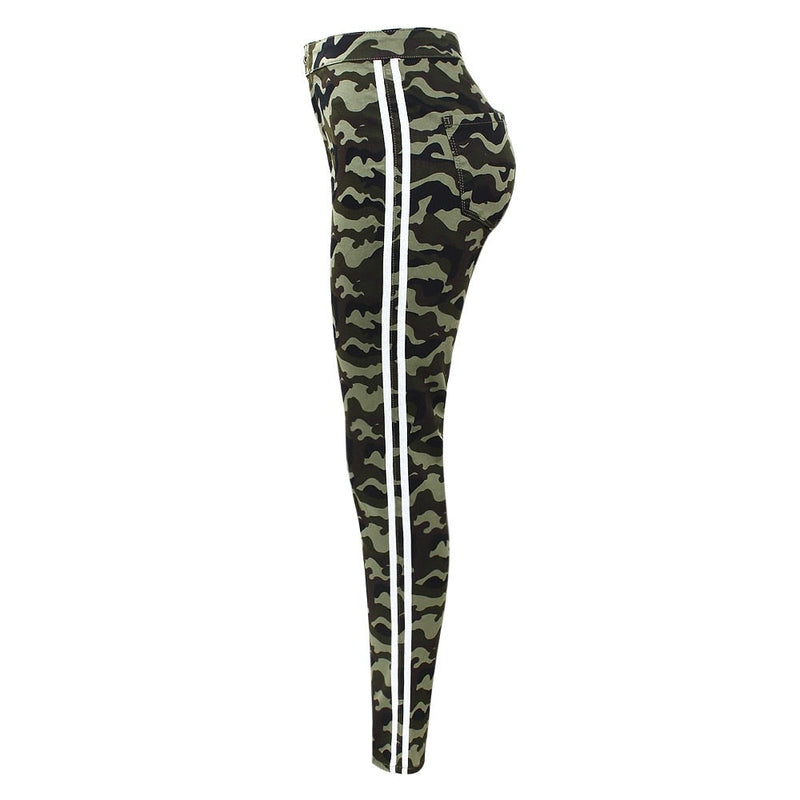 High Waist Army Green Jeans With White Side Stripes Women`s Camouflage Pencil Denim Pants Woman