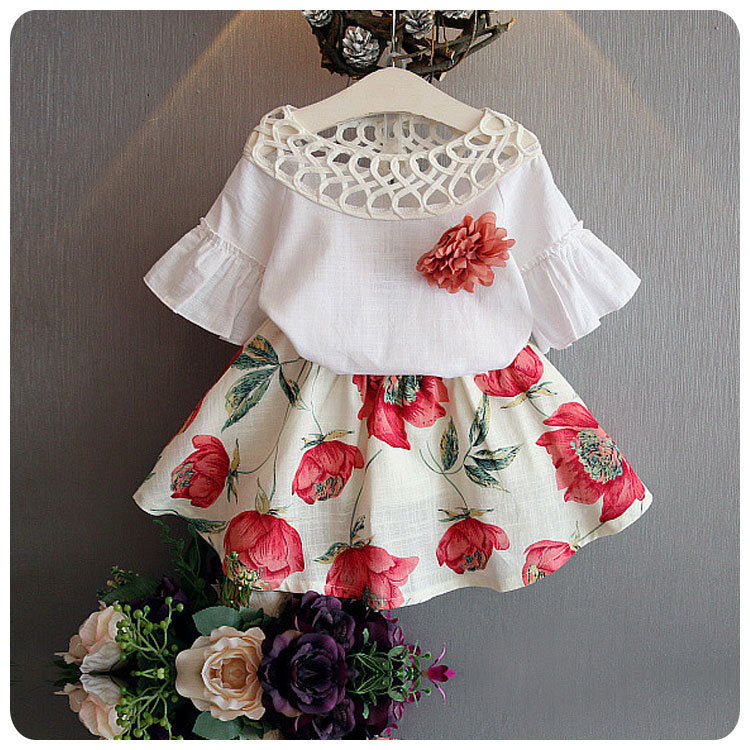 children wear summer female baby hollow horn sleeve blouse flower skirt