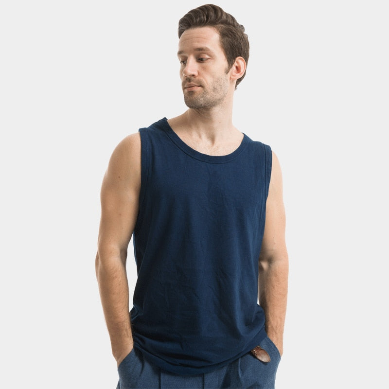 Retro Indigo Vest Men Handmade Plant Blue Dyeing Tank Tops O-Neck Sleeveless Tees Casual Streetwear