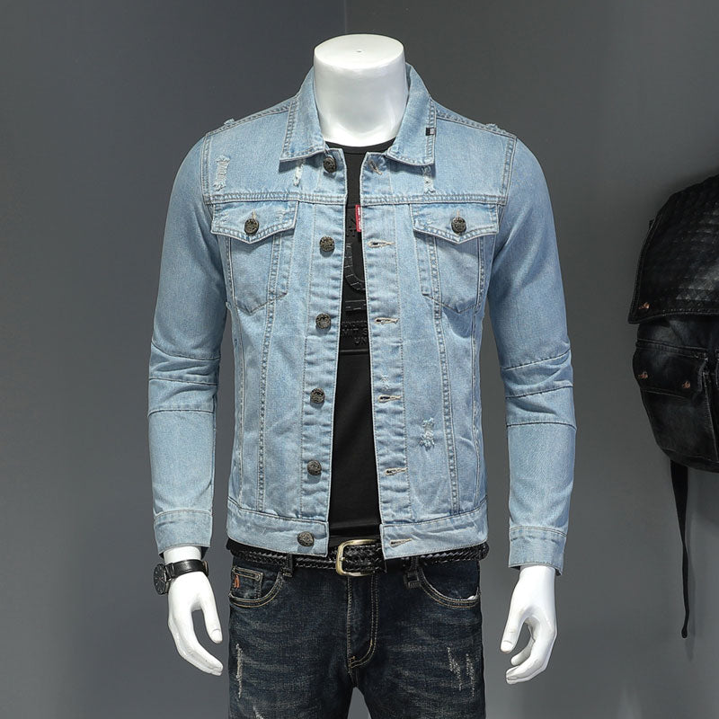 Denim Jacket Men Jeans Coats Lapel Long Sleeve Single-Breasted Slim Motorcycle Bomber Light Blue Casual Outwear Clothing