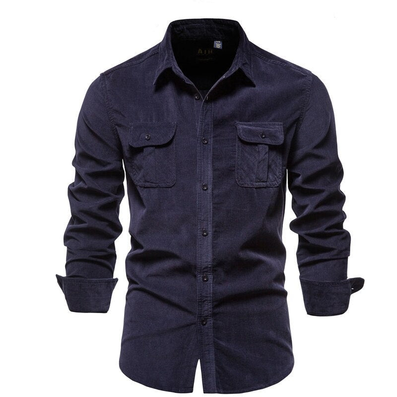 Spring men shirts cotton corduroy mens designer shirts slim pockets business single button