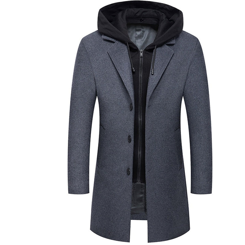 Men wool jackets long solid detachable hooded overcoat warm luxurious woolen blend zipper clothing