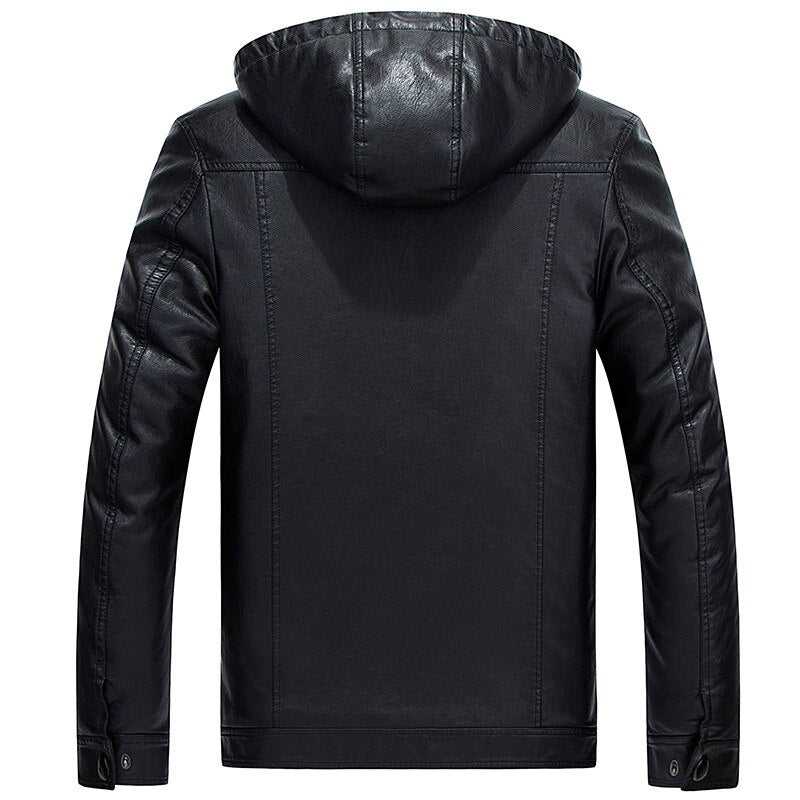 Winter Men Leather Removable Hooded Jackets Warm Fleece Thicken Windproof Slim Zipper Fly Male Biker Coats