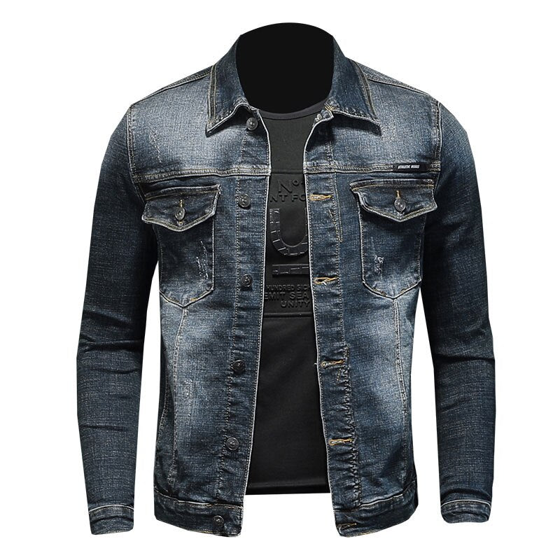 Spring Denim Jacket Men Jeans Coat Cotton Elasticity Turndown Collar Long Sleeve Slim Clothes Gray Blue Bomber