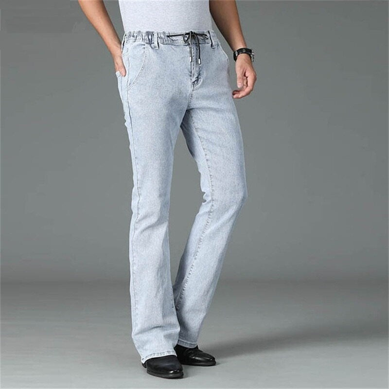 Men New Micro-Flare Jeans Light Blue Elastic Waist Slim-Fit Casual Pants