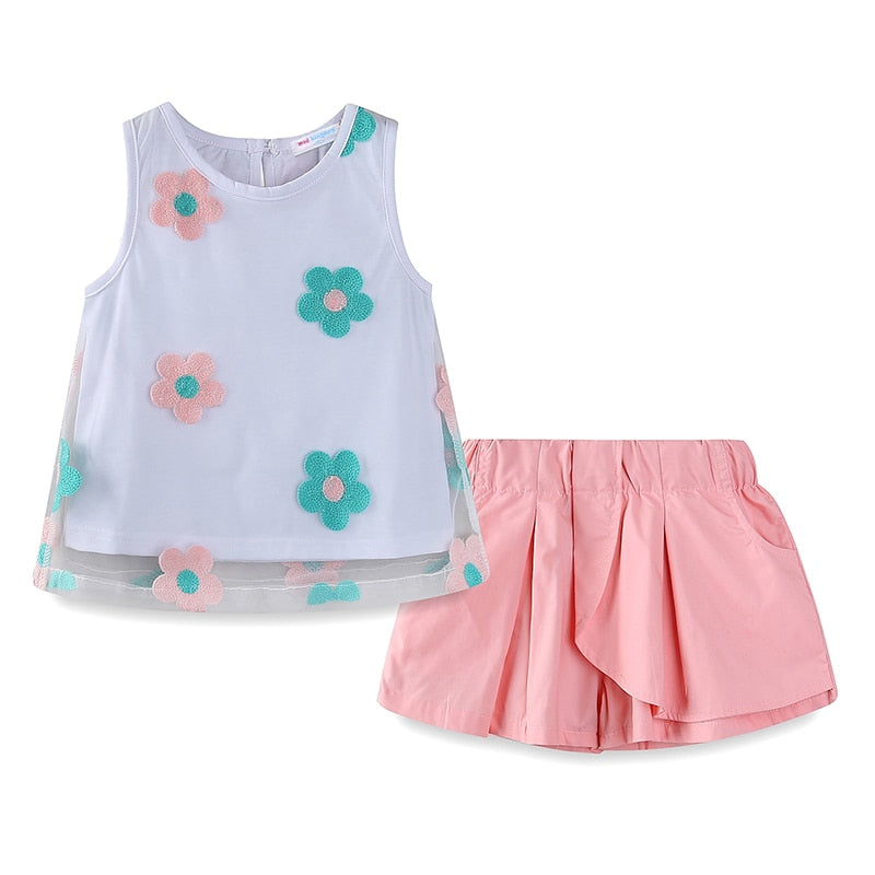 Boutique Girls Clothes Set Embroidery Flower Tulle Cover Tops and Short Outfit for Girl Summer Clothes Suit Floral