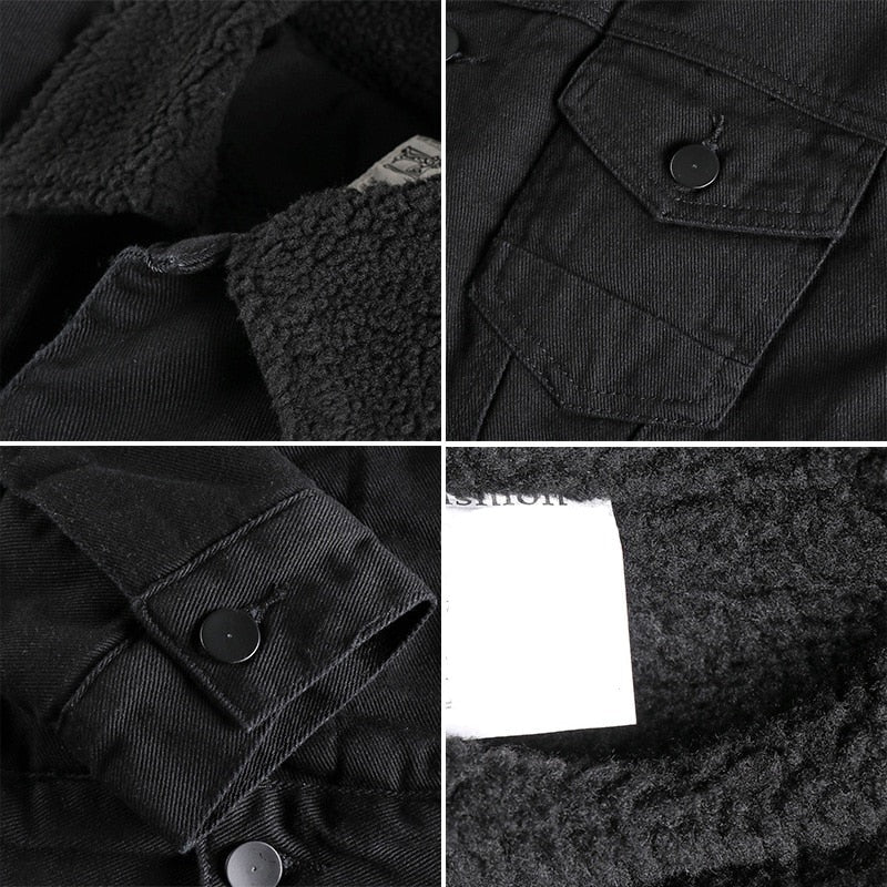 Winter Plush thickened denim jacket men Lapel cotton padded overcoat slim black cotton warm