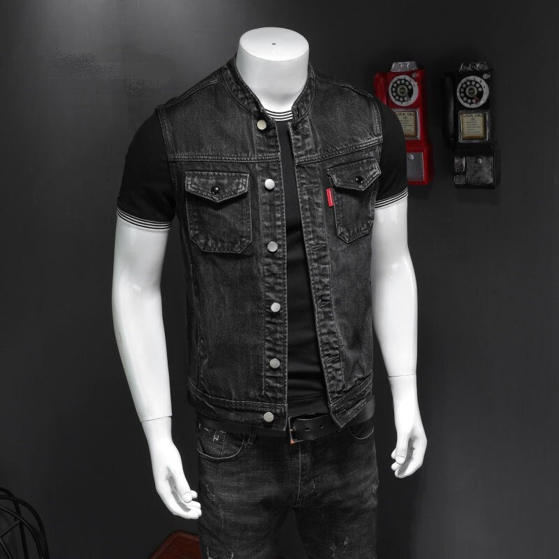 Retro Jean Jacket Men Denim Vest Coats Slim Black Stand Collar Sleeveless Motorcycle Style Waistcoat Coat Cowboy