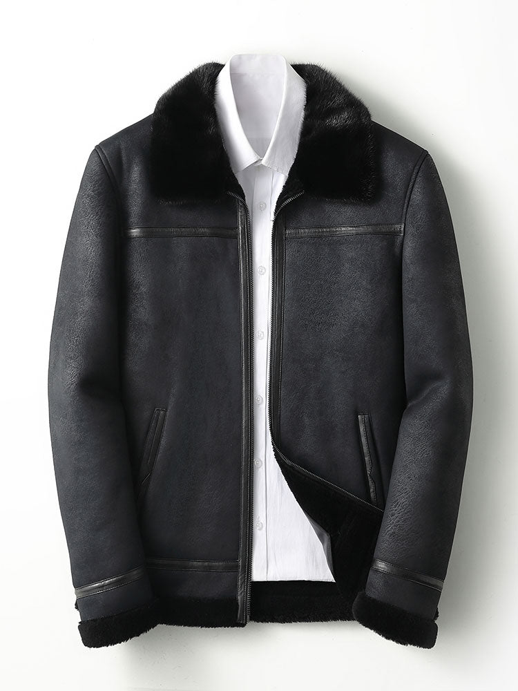 Genuine Leather Clothes Shearling Jacket Mens Mink Collar