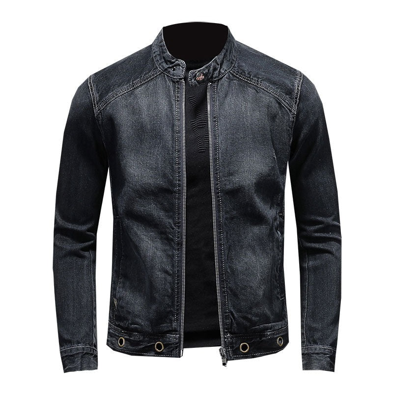 European Stand Collar Bomber Pilot Black Denim Jacket Men Jeans Coats Slim Motorcycle Casual Outwear Clothing Overcoat