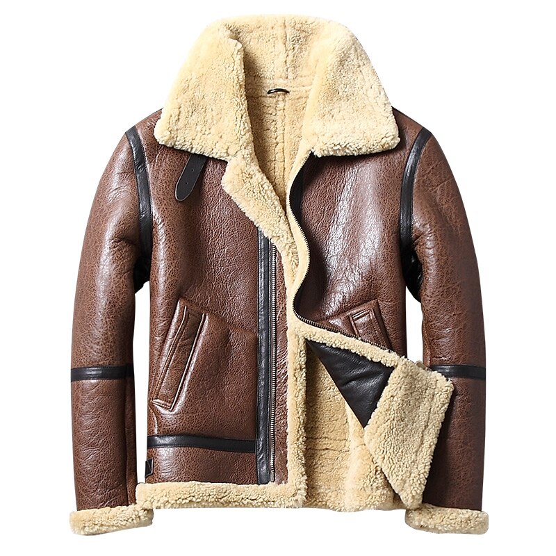 Men Genuine Leather Jacket Outerwear Mens Fur Coat Turn Down Collar Shearling Short Style Real Leather Jackets Tops Warm Coats