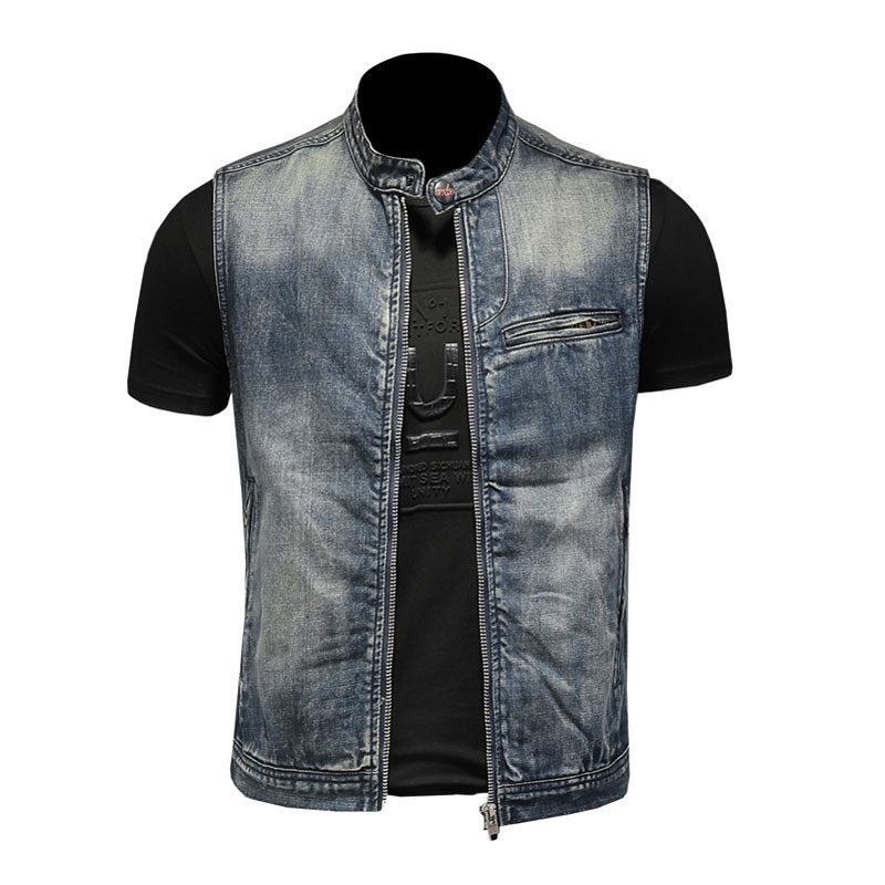 Spring Retro Jean Jacket Men Denim Vest Coats Blue Slim Stand Collar zipper Sleeveless Motorcycle Waistcoat Cowboy Brand