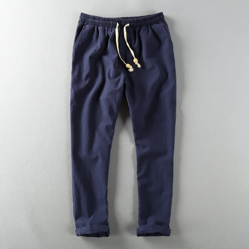 Men Linen Pants Casual Style Simple Sport Jogger Slim-Fit Thin Drawstring Stretch Waist Straight Ankle-Length Trouser