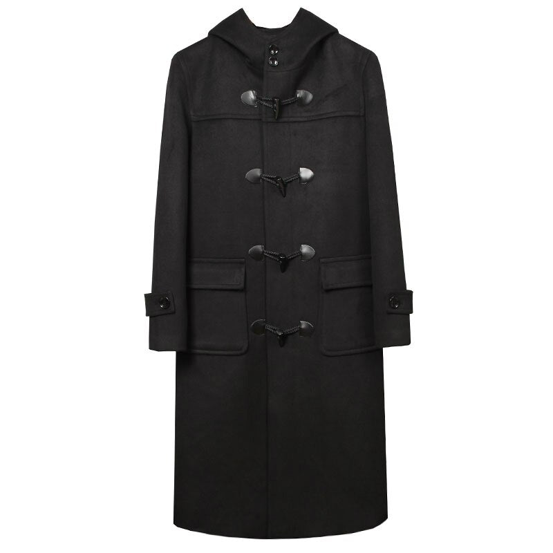 Winter Men Horn Button Woolen Coat Long Over-the-Knee Loose-Woolen Jacket Hooded Trench Thick Mens Coats and Jackets