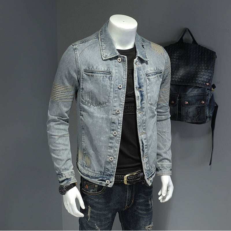 Spring Jeans Jacket Men Denim Coat Lapel Long Sleeve Bomber Motorcycle Retro Embroidery Slim Streetwear Outwear Clothing