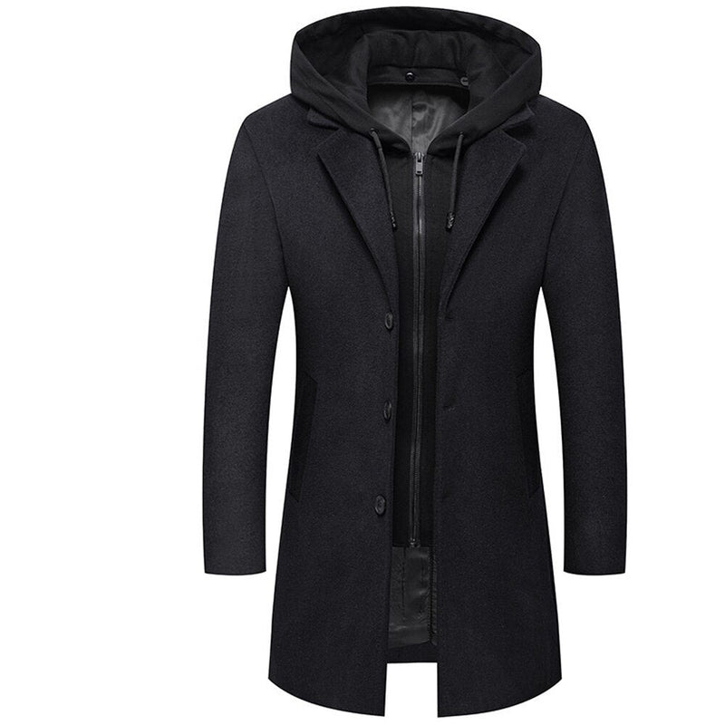 Men wool jackets long solid detachable hooded overcoat warm luxurious woolen blend zipper clothing