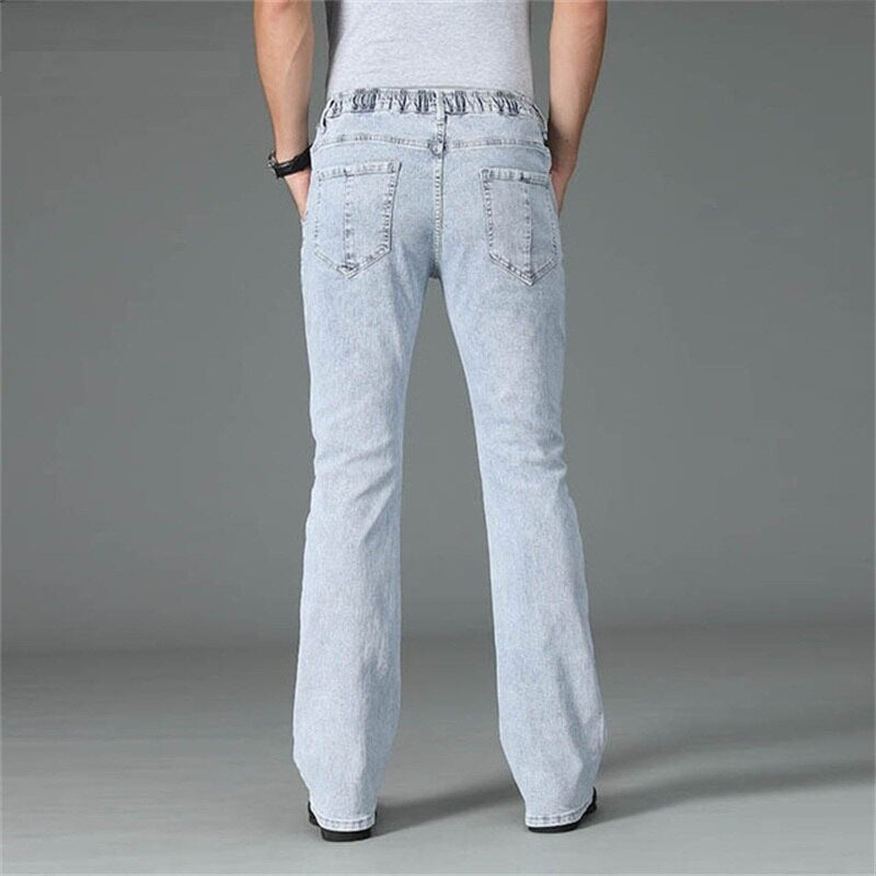 Men New Micro-Flare Jeans Light Blue Elastic Waist Slim-Fit Casual Pants