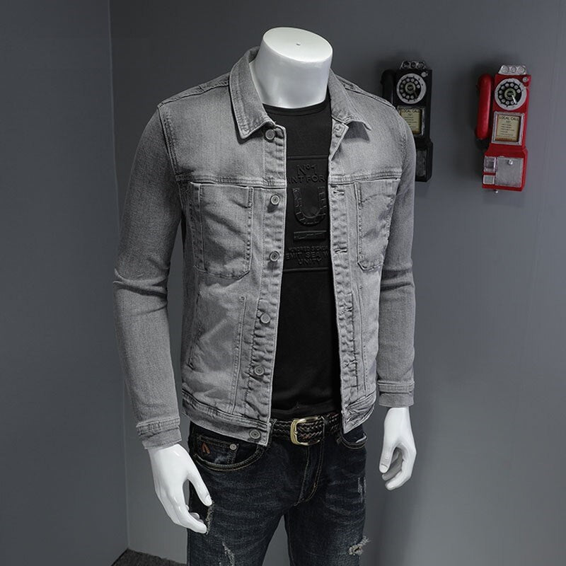 Spring Bomber Light Grey Denim Jacket Men Jean Coats Motorcycle Cotton Turndown Collar Slim Casual Long Sleeve Outwear Clothing