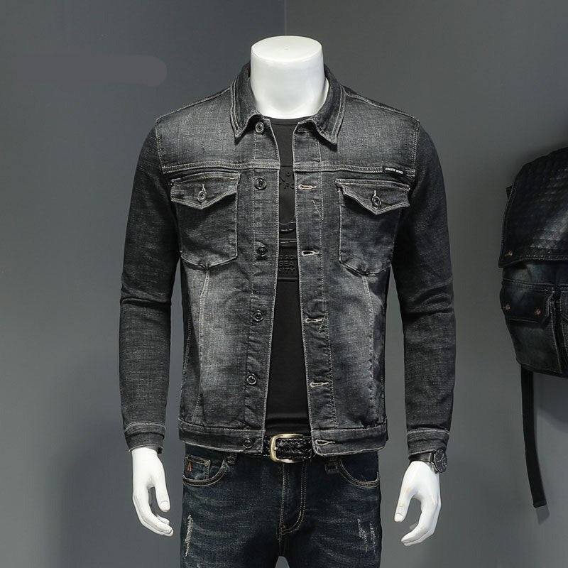 Spring Denim Jacket Men Jeans Coat Cotton Elasticity Turndown Collar Long Sleeve Slim Clothes Gray Blue Bomber