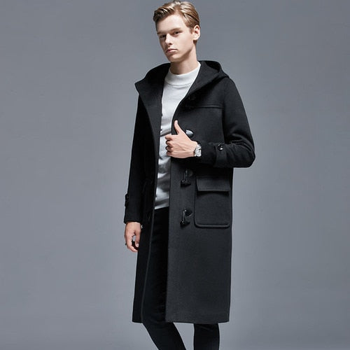 Winter Men Horn Button Woolen Coat Long Over-the-Knee Loose-Woolen Jacket Hooded Trench Thick Mens Coats and Jackets