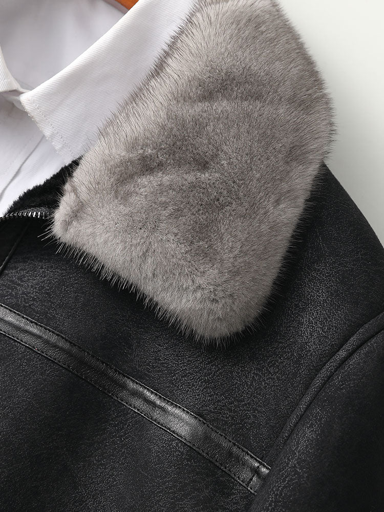 Genuine Leather Clothes Shearling Jacket Mens Mink Collar