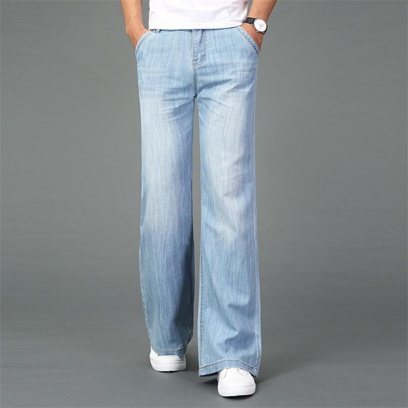 Men Summer Thin Wide Leg Jeans Light Blue Big Straight Long Pants Boot-Cut Casual Business Trousers