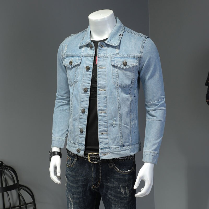 Denim Jacket Men Jeans Coats Lapel Long Sleeve Single-Breasted Slim Motorcycle Bomber Light Blue Casual Outwear Clothing