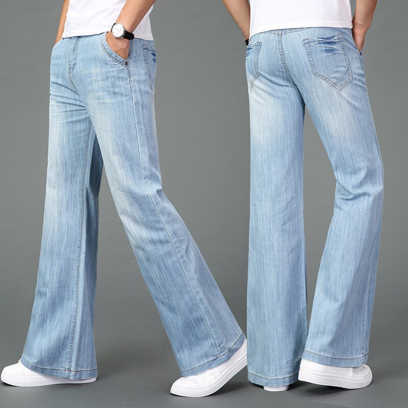 Men Summer Thin Wide Leg Jeans Light Blue Big Straight Long Pants Boot-Cut Casual Business Trousers