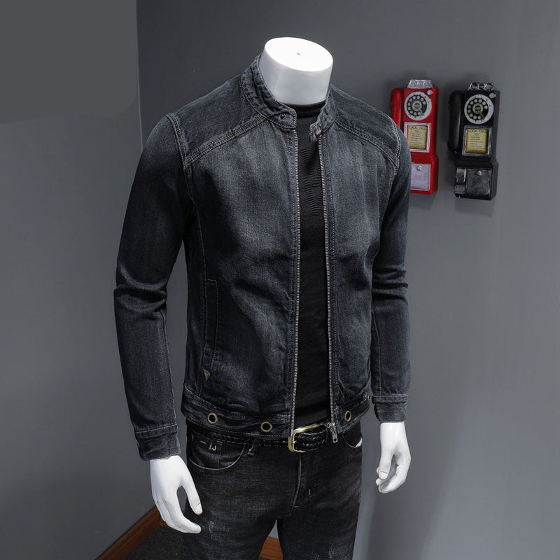 European Stand Collar Bomber Pilot Black Denim Jacket Men Jeans Coats Slim Motorcycle Casual Outwear Clothing Overcoat